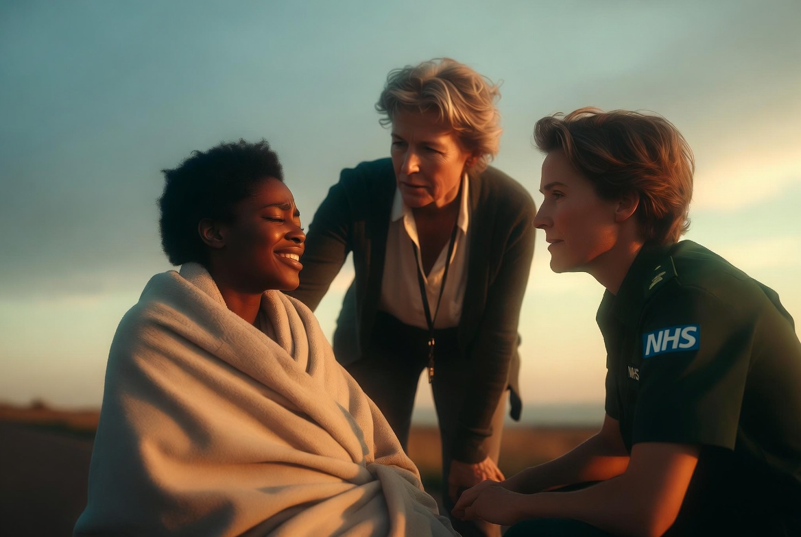 At dusk, an NHS paramedic and a colleague reassure a woman wrapped in a blanket; she is smiling, calm, and cared for.