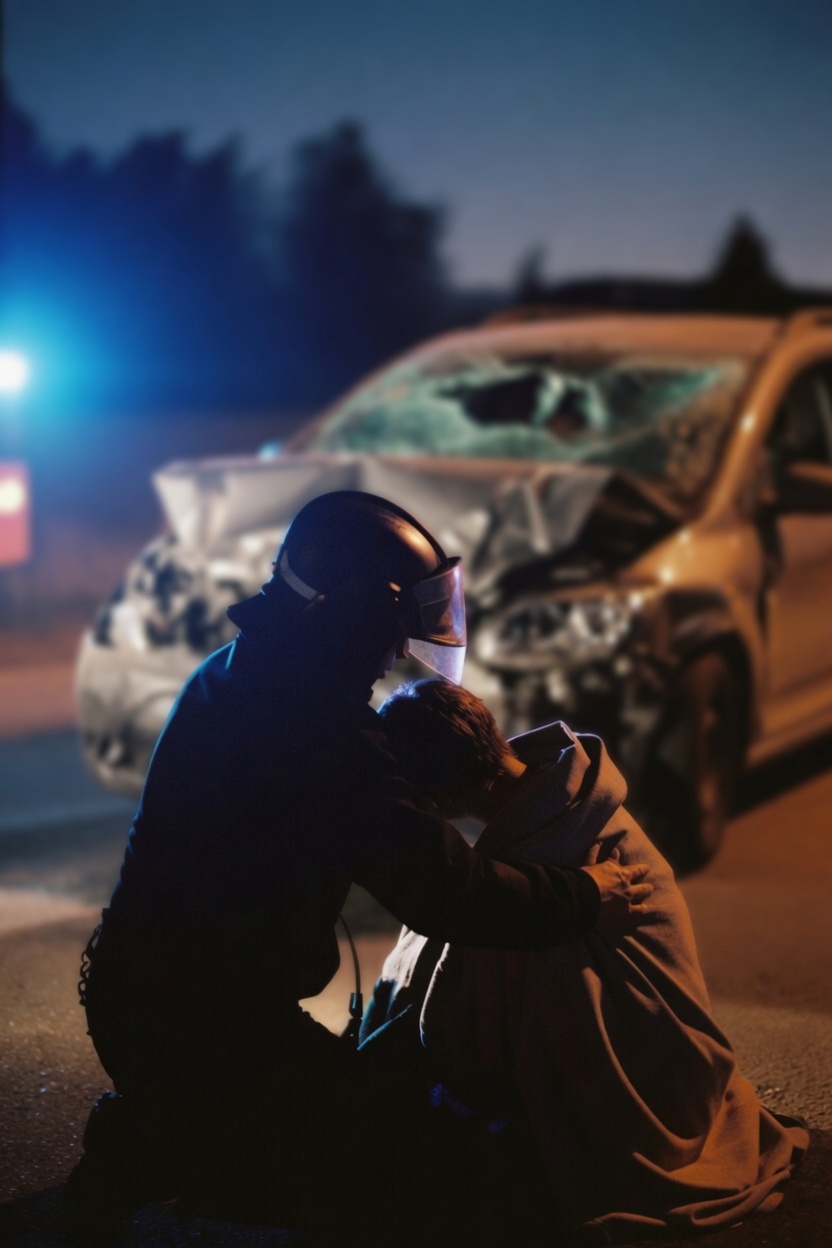 A firefighter crouches to comfort a person wrapped in a blanket at the scene of a night-time road traffic collision, blue emergency lights behind.